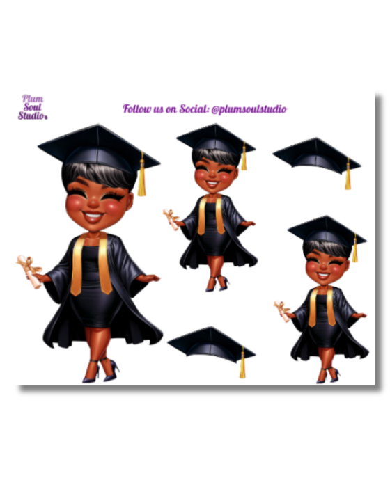 Grad Chibi Black and Gold Mini Sticker Sheet