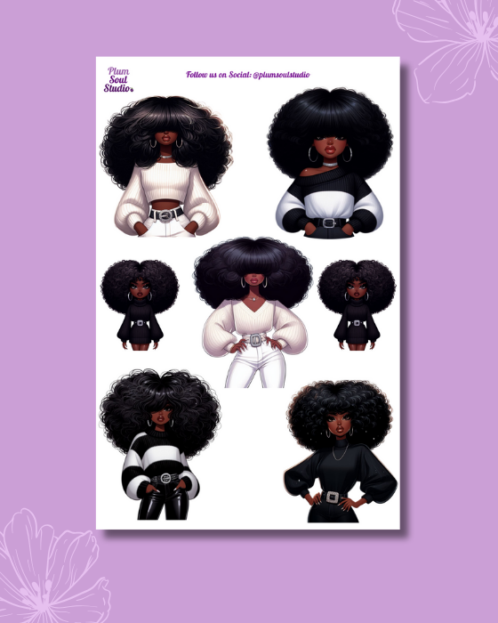 Disco Afro Black and White Sticker Sheet