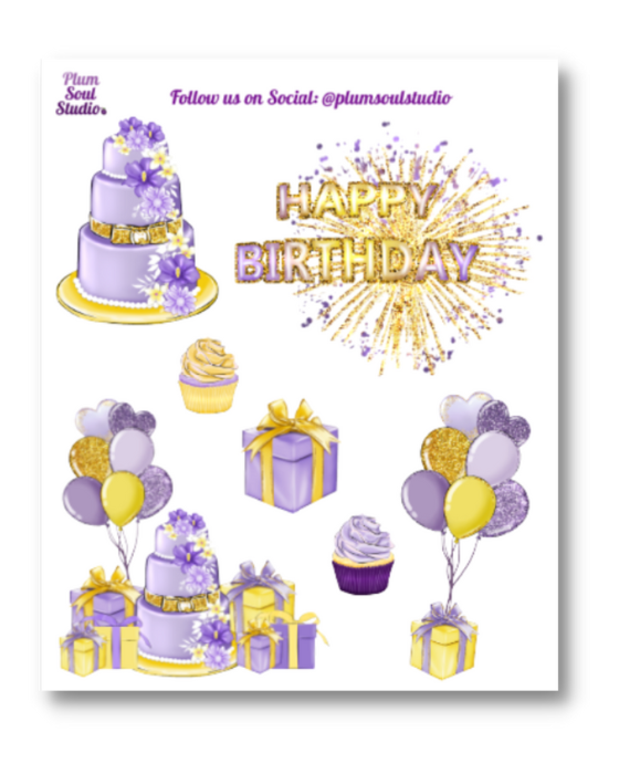 Happy Birthday Lavender and Yellow Mini Sticker Sheet