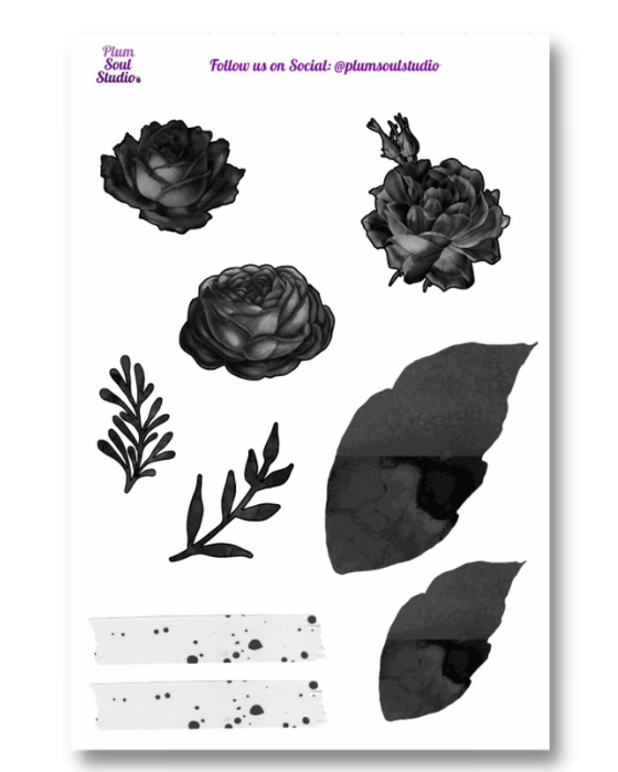 Black Beauty Petals and Elements Sticker Sheet