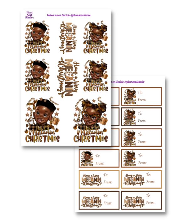 Boy Girl Melanin Christmas Stickers and Gift Labels Set