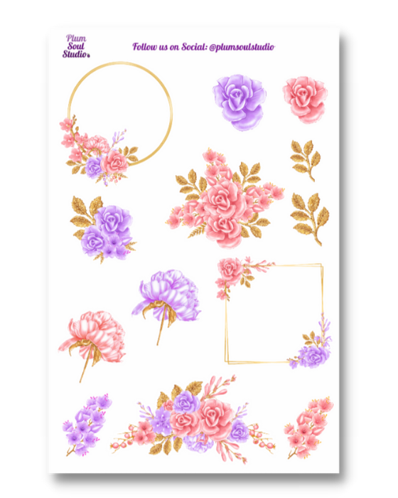 Lavender, Blush and Gold Flowers Sticker Sheet